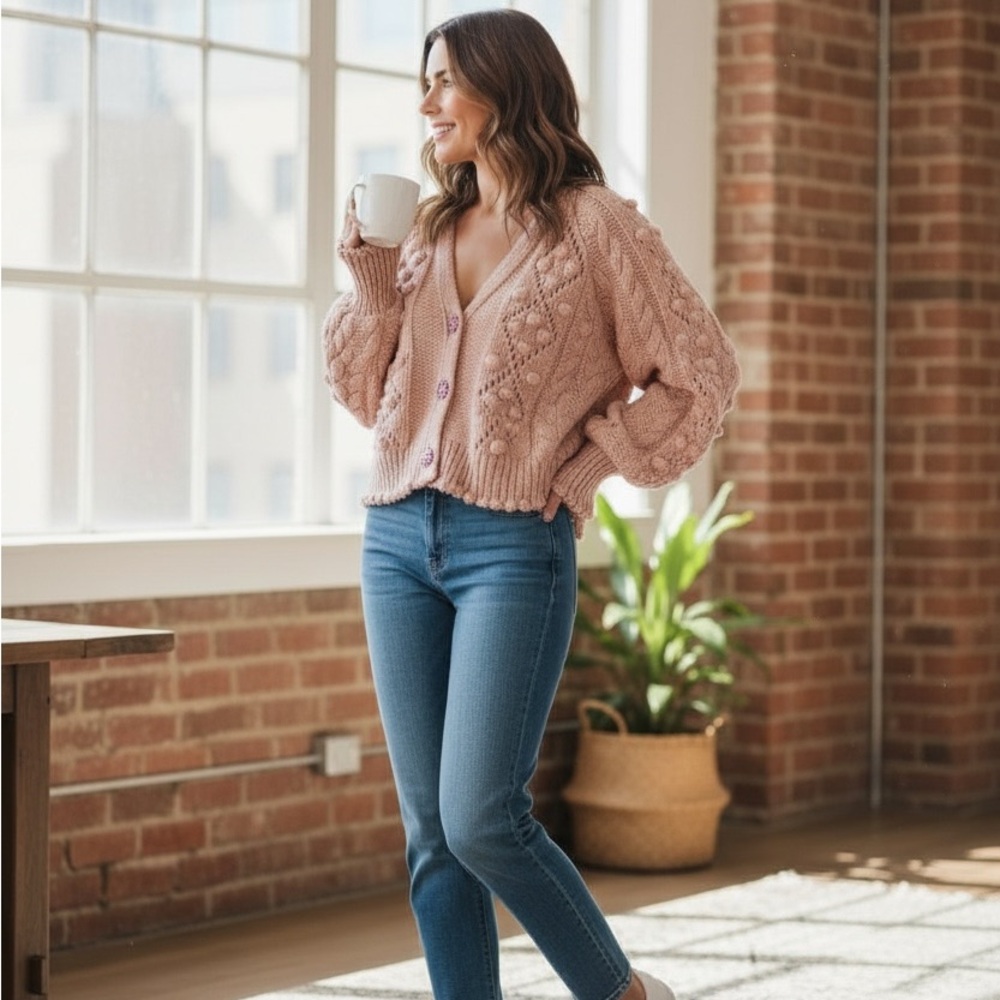 Zara Blush Pink Fuzzy Cable Knit Cardigan with Cute Buttons - Picture 2 of 16